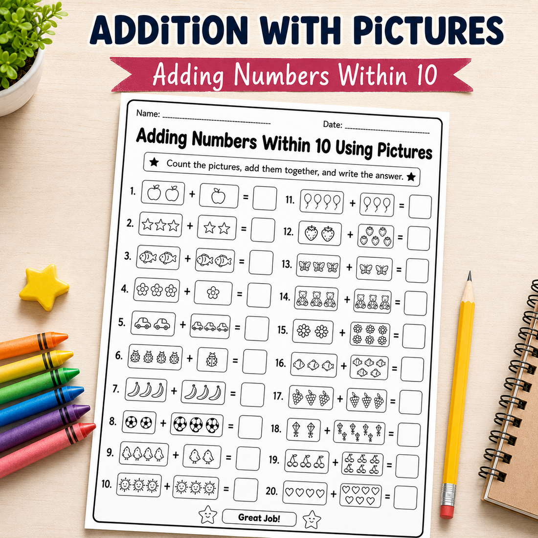 5 Free Printable Addition Worksheets for Kindergarten (Instant Download)