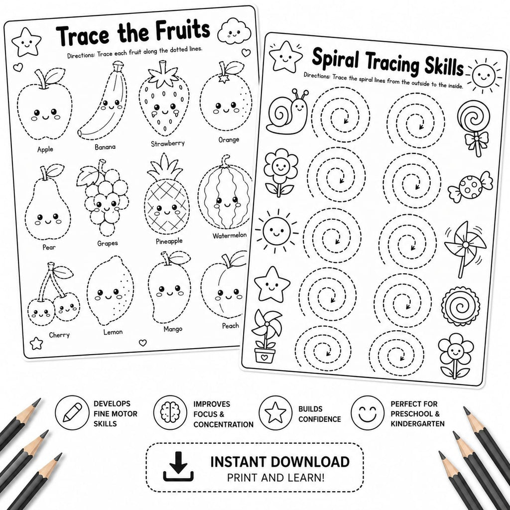 Fine Motor Skills Tracing Practice Worksheets for Preschool | Printable Instant Download