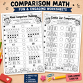 Two printable comparison math worksheet pages shown on a colorful background with decorative school-themed props. The pages feature black-and-white math comparison exercises such as counting apples, dice, ducks, triangles, and stars, with headings like 'Mixed Comparison Challenge' and 'Cookie Jar Comparison.