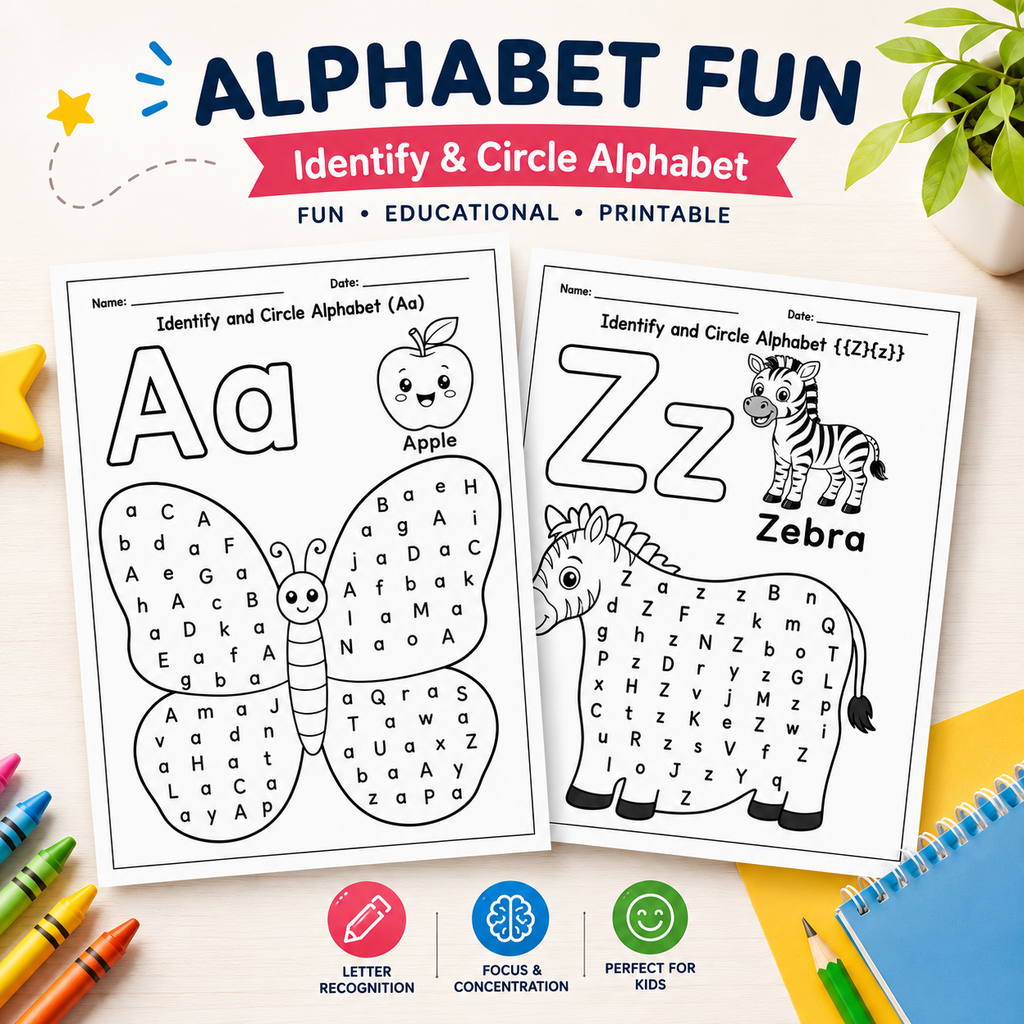 Alphabet Fun – Identify & Circle Alphabet Worksheets (A-Z)