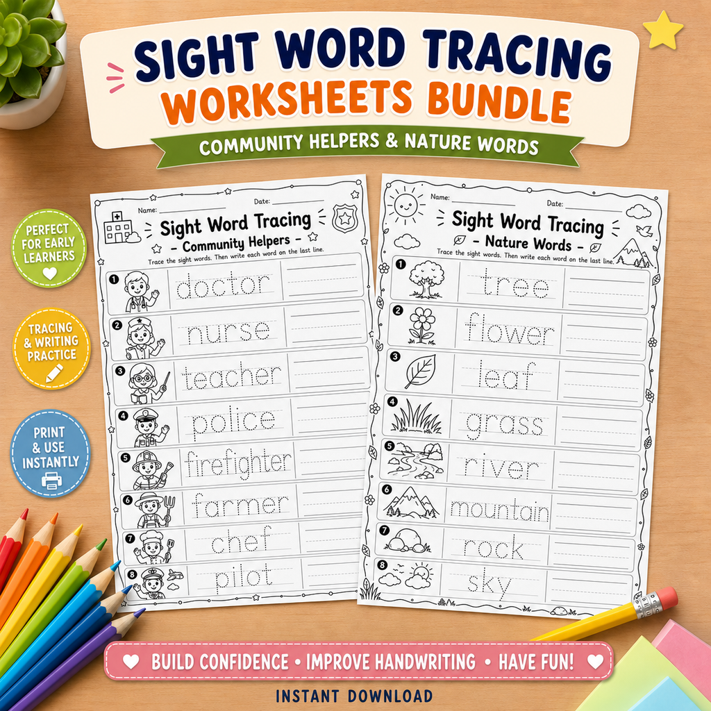 Sight Word Tracing Worksheets Bundle | Printable Beginner, Transportation & Community Helpers | Instant Download PDF
