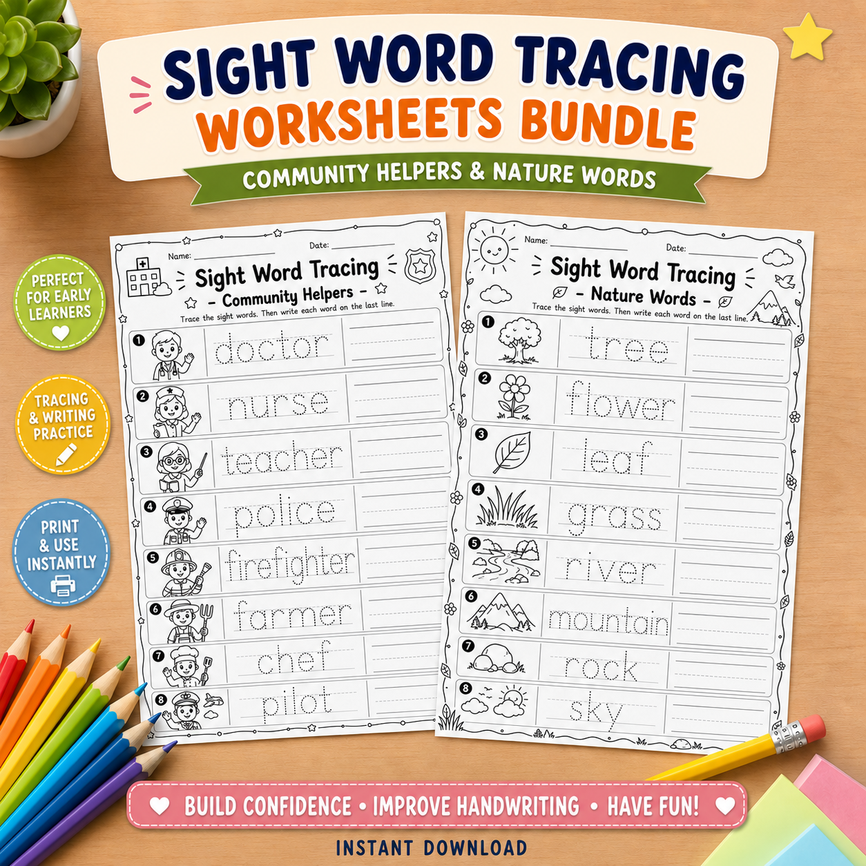 Sight Word Tracing Worksheets Bundle | Printable Beginner, Transportation & Community Helpers | Instant Download PDF