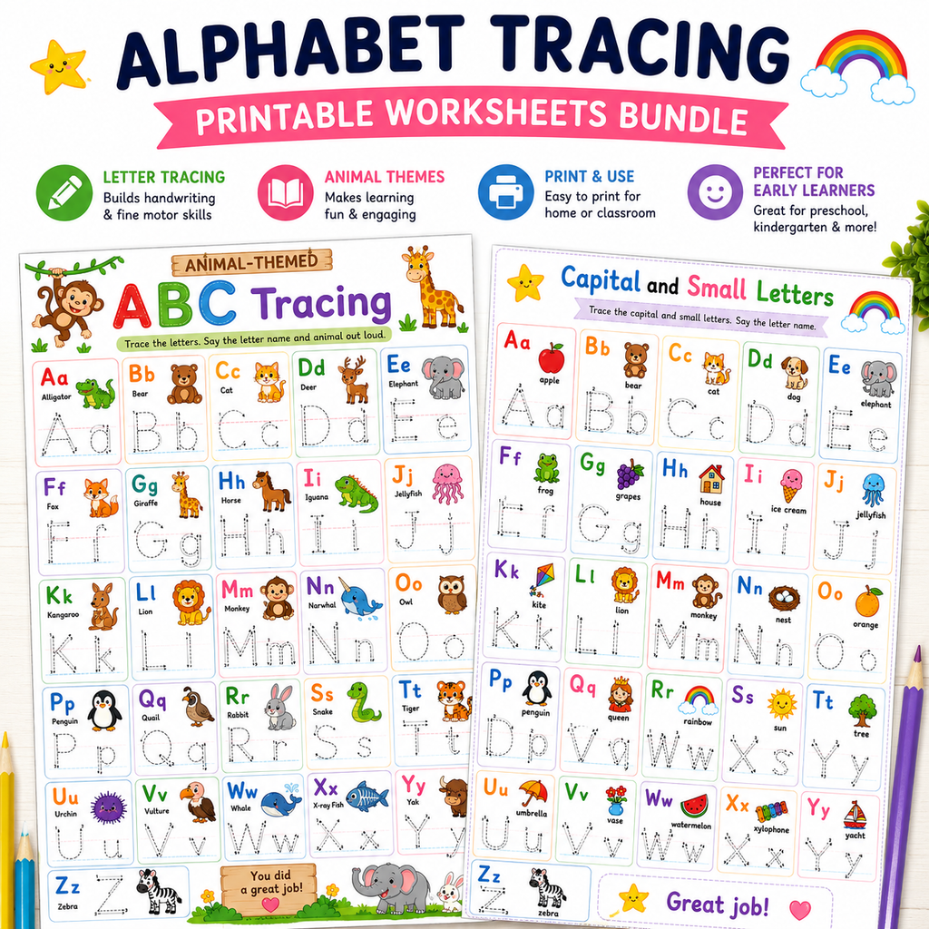 Alphabet Tracing Printable Worksheets Bundle for Kids | Preschool & Kindergarten