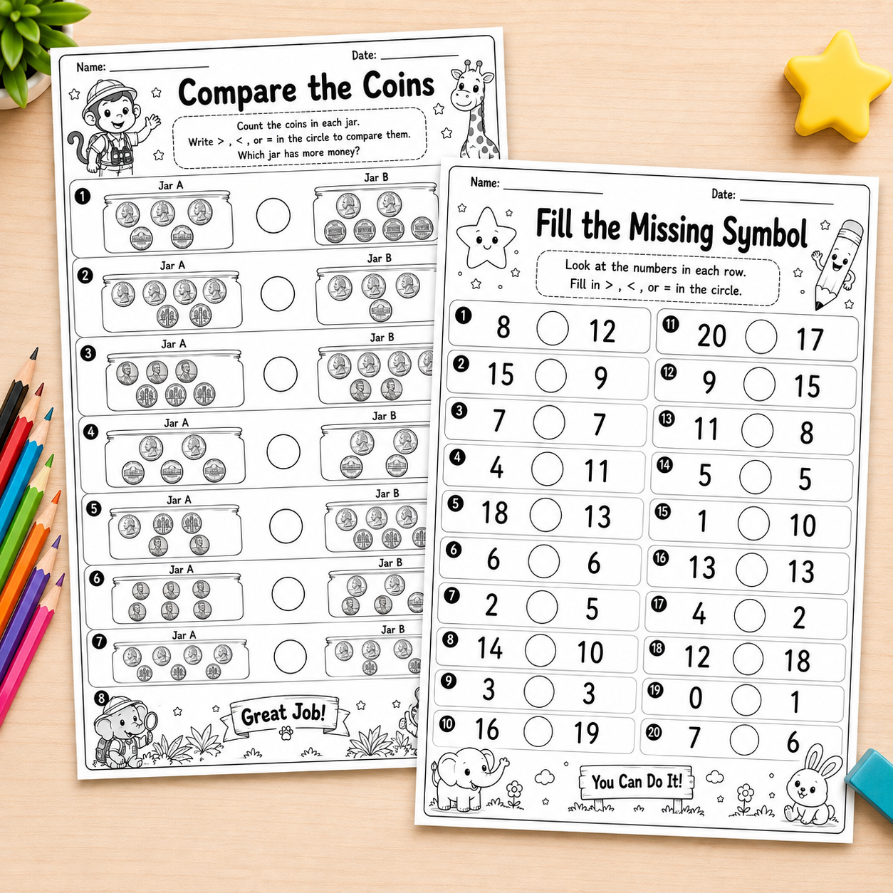 Two printable worksheet pages for children, one titled 'Compare the Coins' and the other 'Fill the Missing Symbol', shown on a light wood surface with colored pencils, a yellow star, and a blue eraser around them.