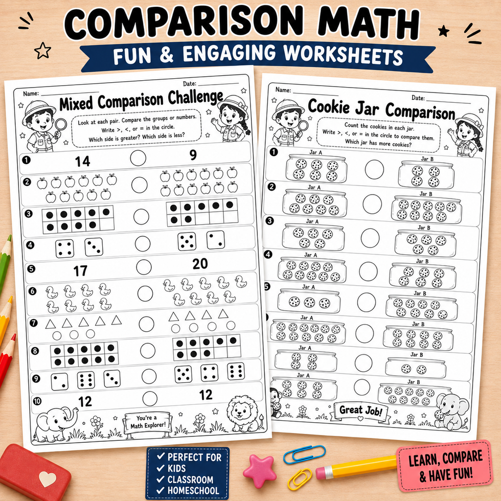 Two printable comparison math worksheet pages shown on a colorful background with decorative school-themed props. The pages feature black-and-white math comparison exercises such as counting apples, dice, ducks, triangles, and stars, with headings like 'Mixed Comparison Challenge' and 'Cookie Jar Comparison.