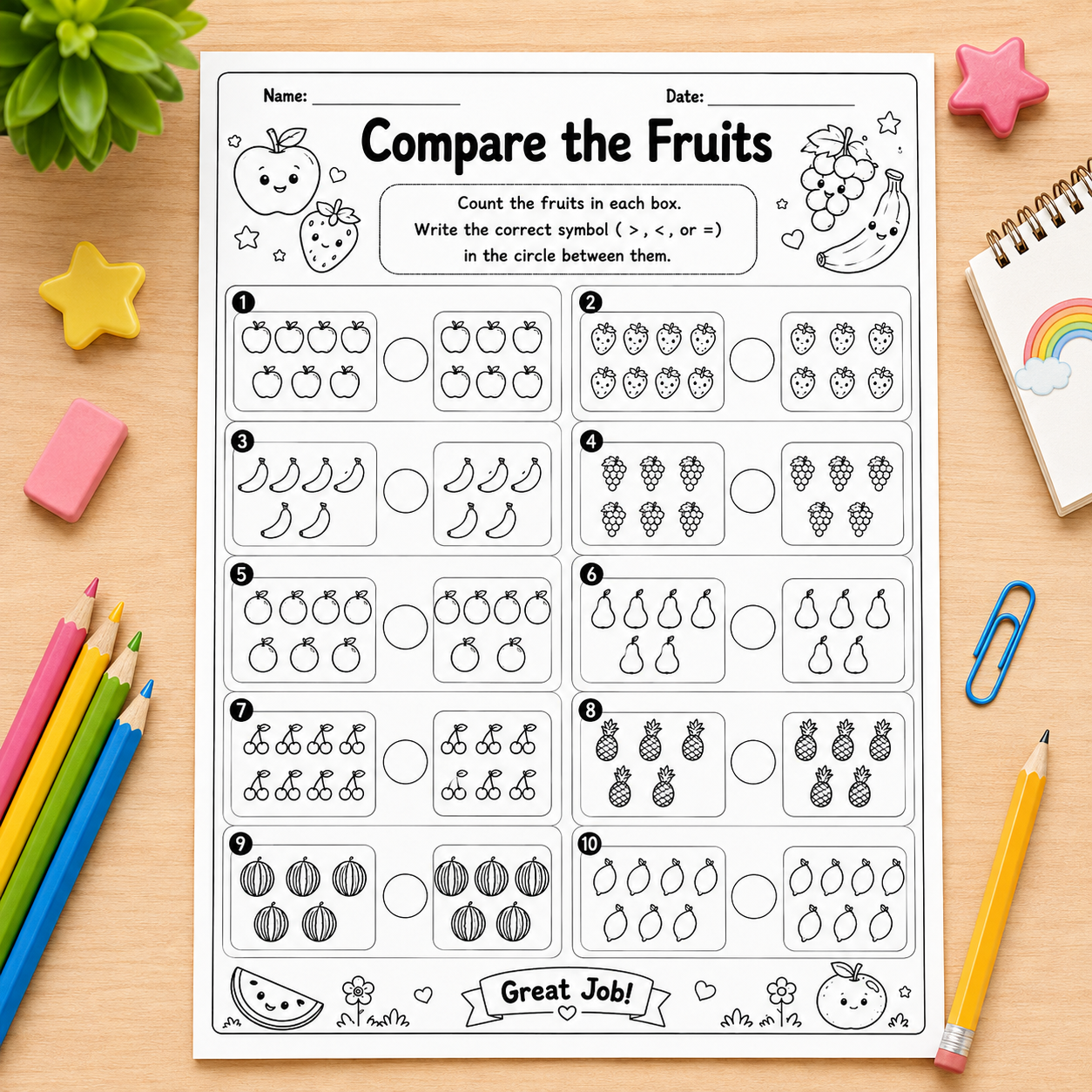 A children's worksheet titled 'Compare the Fruits' laid flat on a light wood surface, surrounded by colorful pencils, eraser, star-shaped eraser, notebook, paperclip, and a small plant. The worksheet shows black-and-white fruit counting exercises with apples, strawberries, bananas, grapes, cherries, peaches, and watermelons.