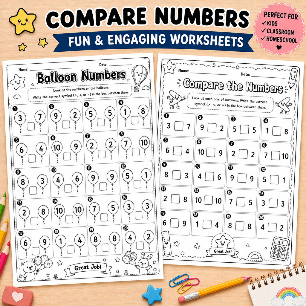 Two printable worksheet pages titled 'Compare Numbers' with balloon-themed math exercises, shown on a colorful flat-lay background with stars, a pencil, paper clips, and a notebook.