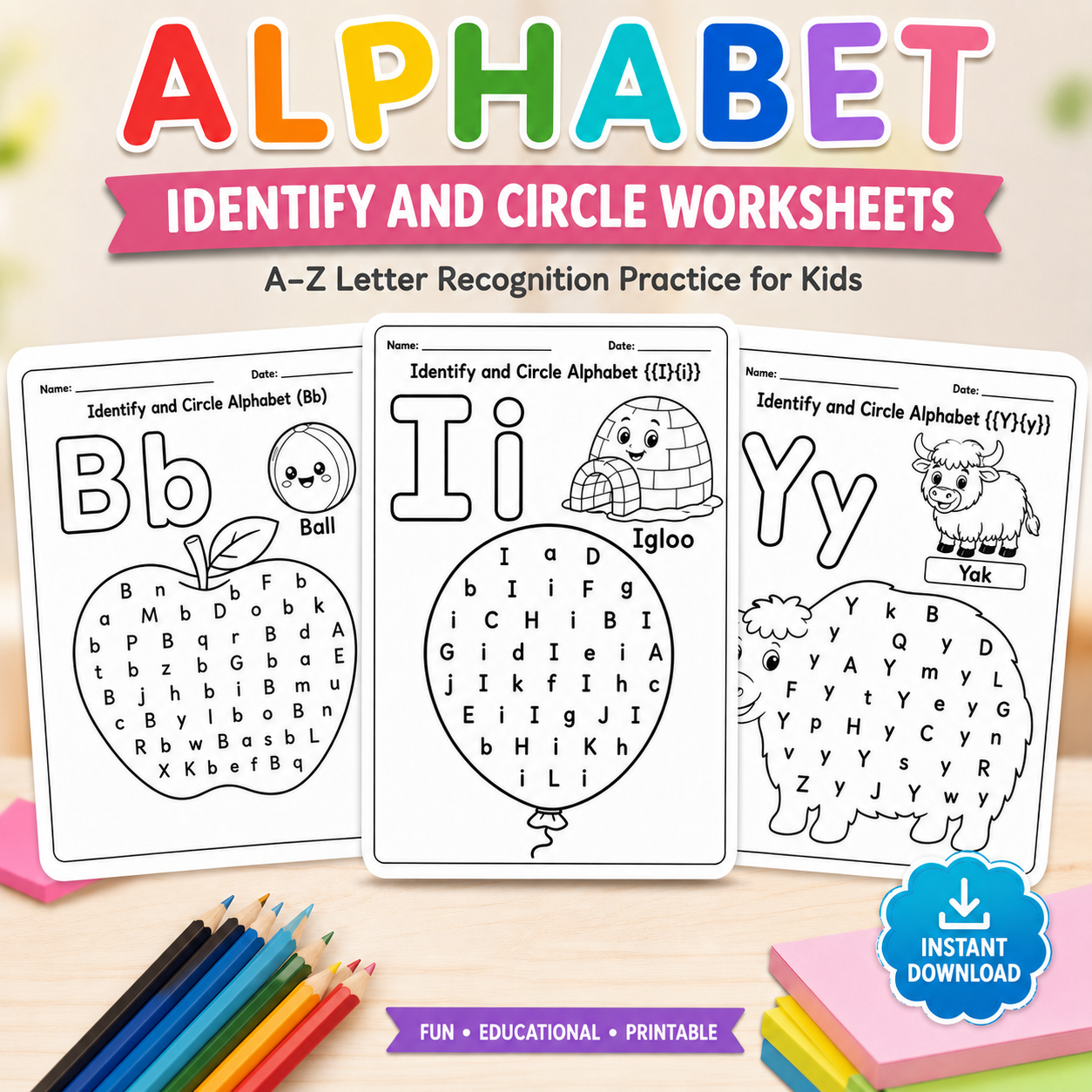 Alphabet Fun – Identify & Circle Alphabet Worksheets (A-Z)