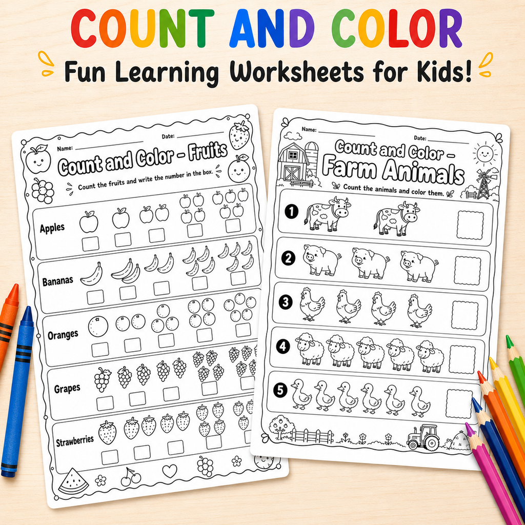 Count & Color – Kids Math Activity Sheets (Ages 3–6)