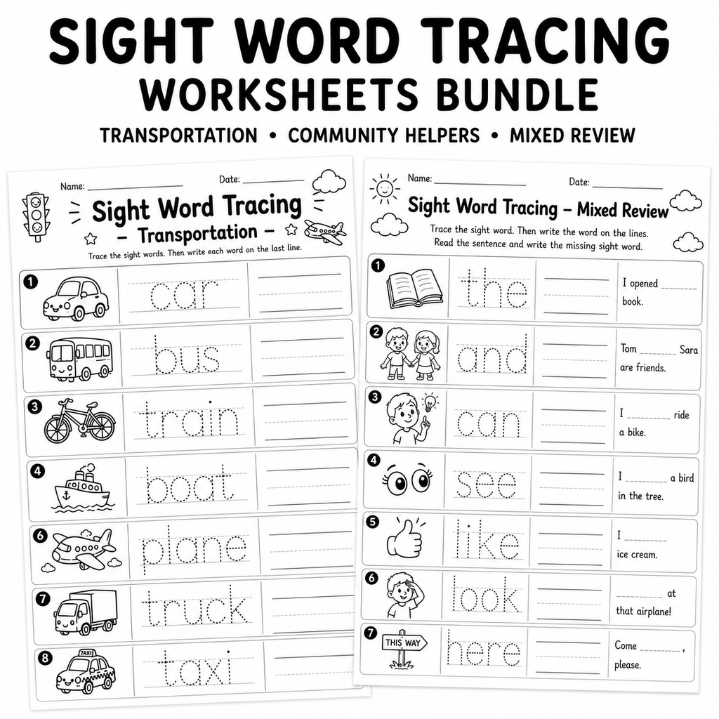Sight Word Tracing Worksheets Bundle | Printable Beginner, Transportation & Community Helpers | Instant Download PDF