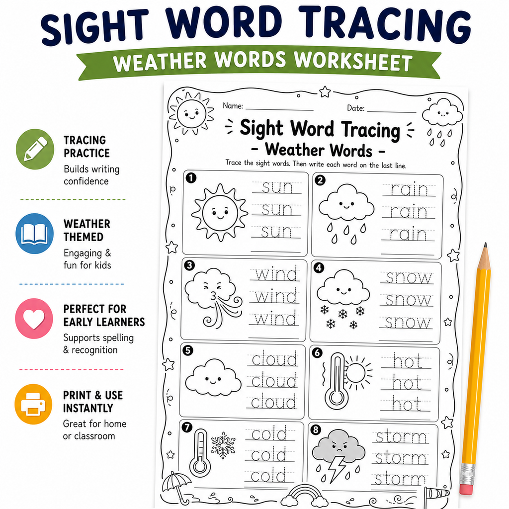 Sight Word Tracing Worksheets Bundle | Printable Beginner, Transportation & Community Helpers | Instant Download PDF