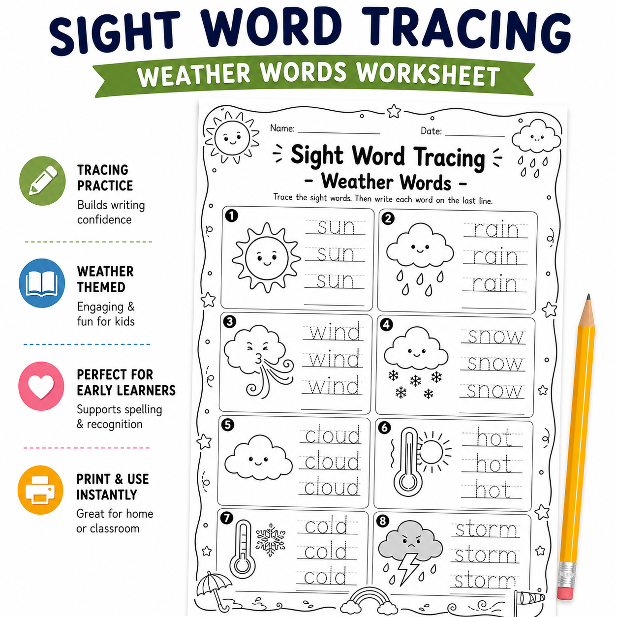 Sight Word Tracing Worksheets Bundle | Printable Beginner, Transportation & Community Helpers | Instant Download PDF