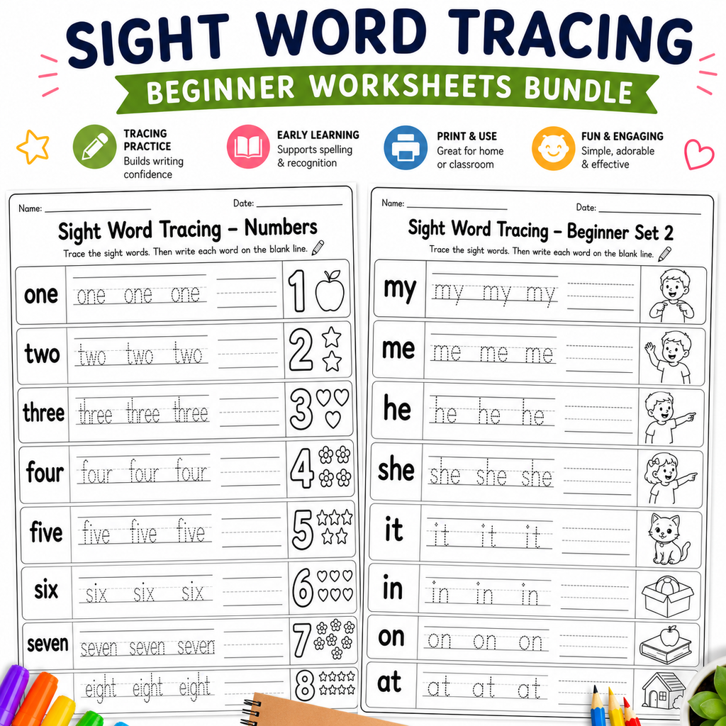 Sight Word Tracing Worksheets Bundle | Printable Beginner, Transportation & Community Helpers | Instant Download PDF