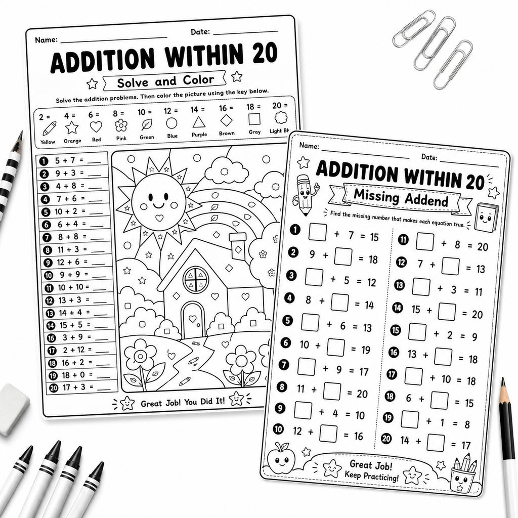 Addition Within 20 Worksheets Bundle | Fun Printable Math Activities for Kids