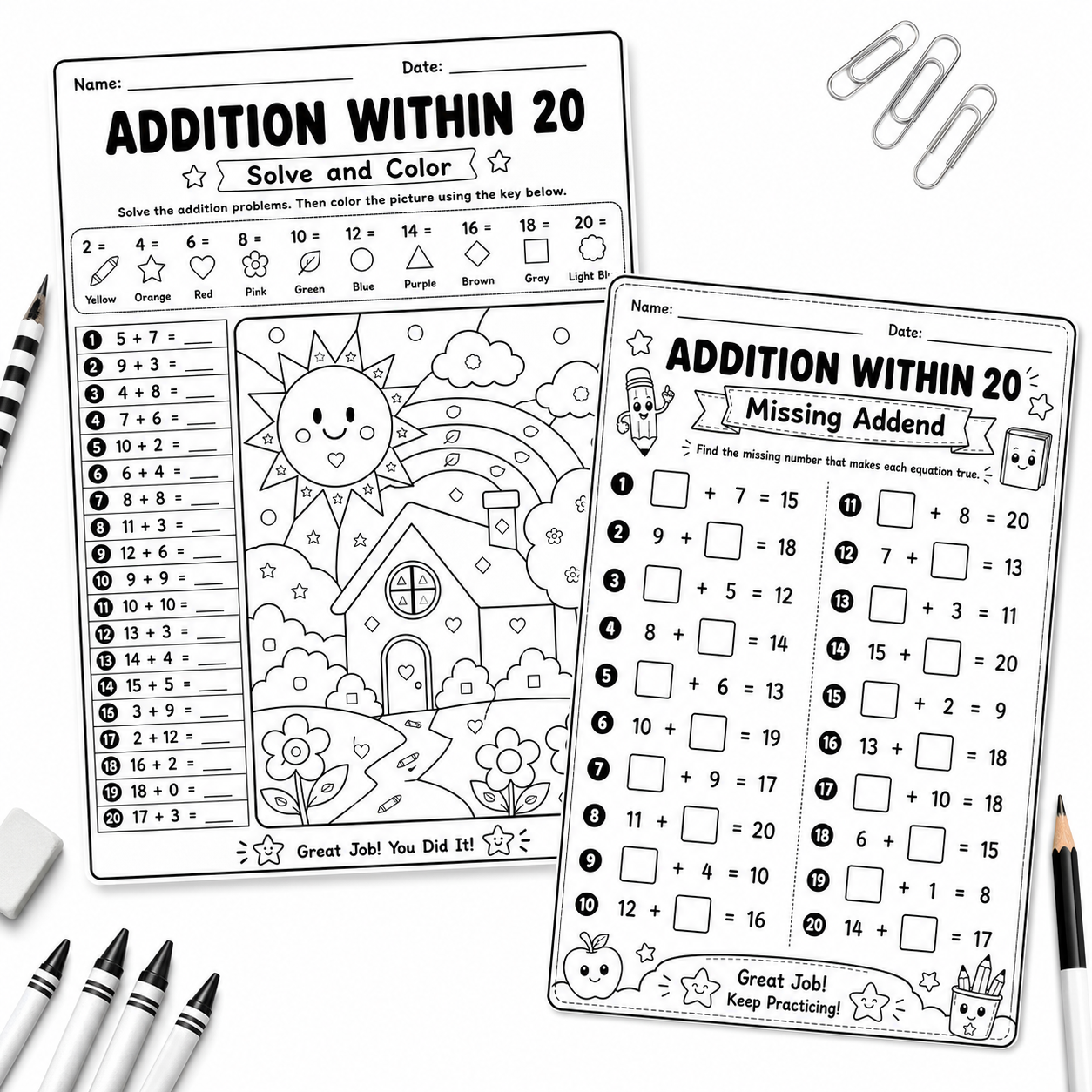 Addition Within 20 Worksheets Bundle | Fun Printable Math Activities for Kids