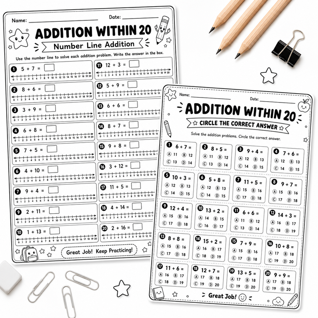 Addition Within 20 Worksheets Bundle | Fun Printable Math Activities for Kids