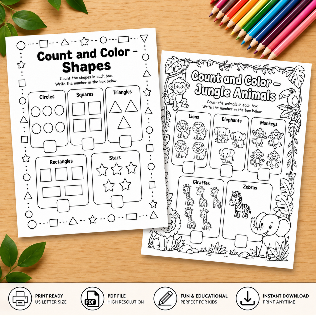 Count & Color – Kids Math Activity Sheets (Ages 3–6)
