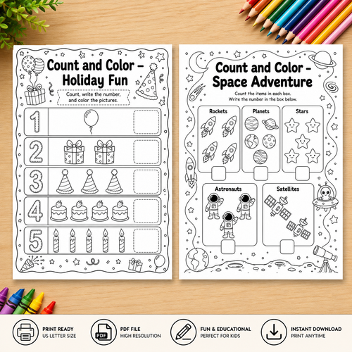 Count & Color – Kids Math Activity Sheets (Ages 3–6)