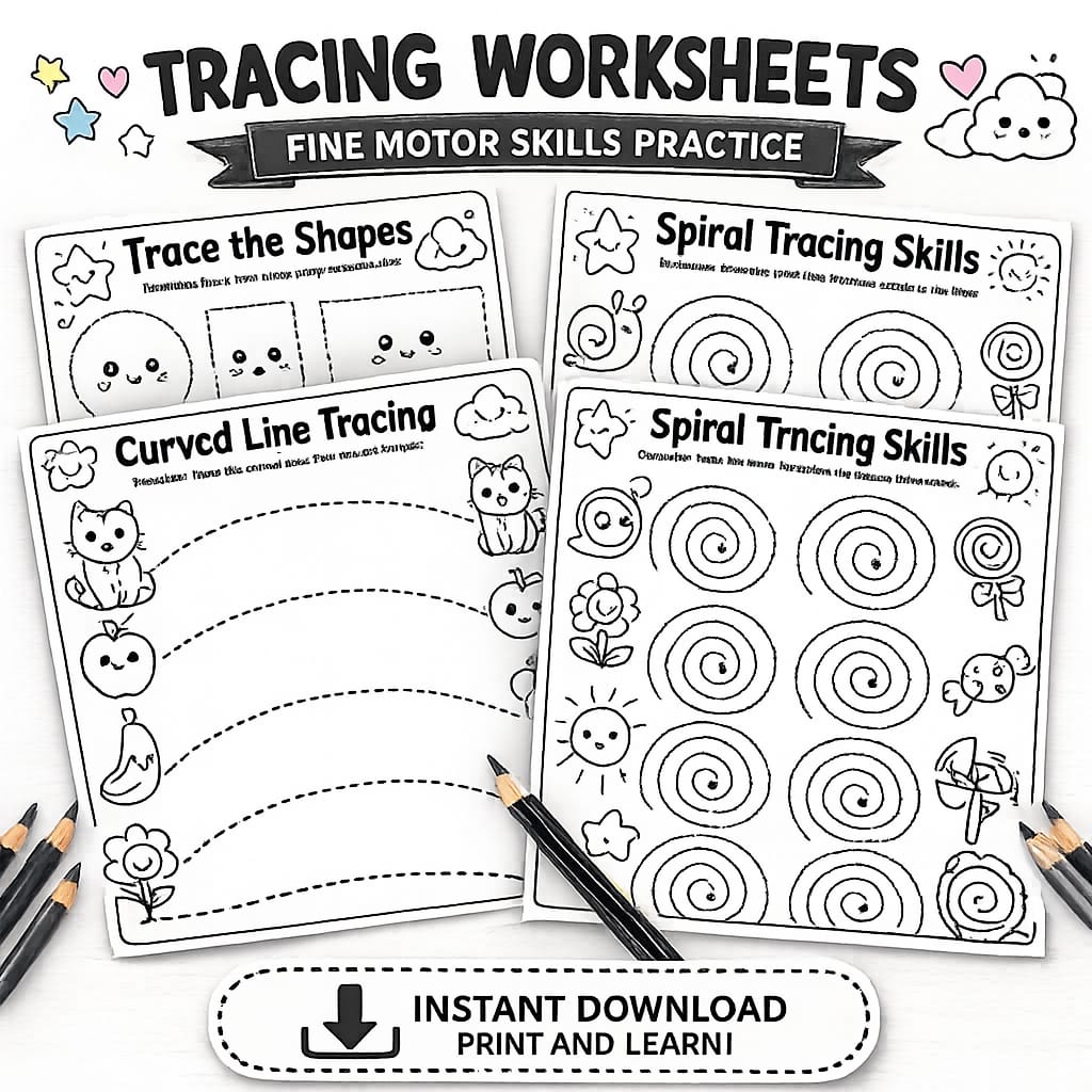 Fine Motor Skills Tracing Practice Worksheets for Preschool | Printable Instant Download