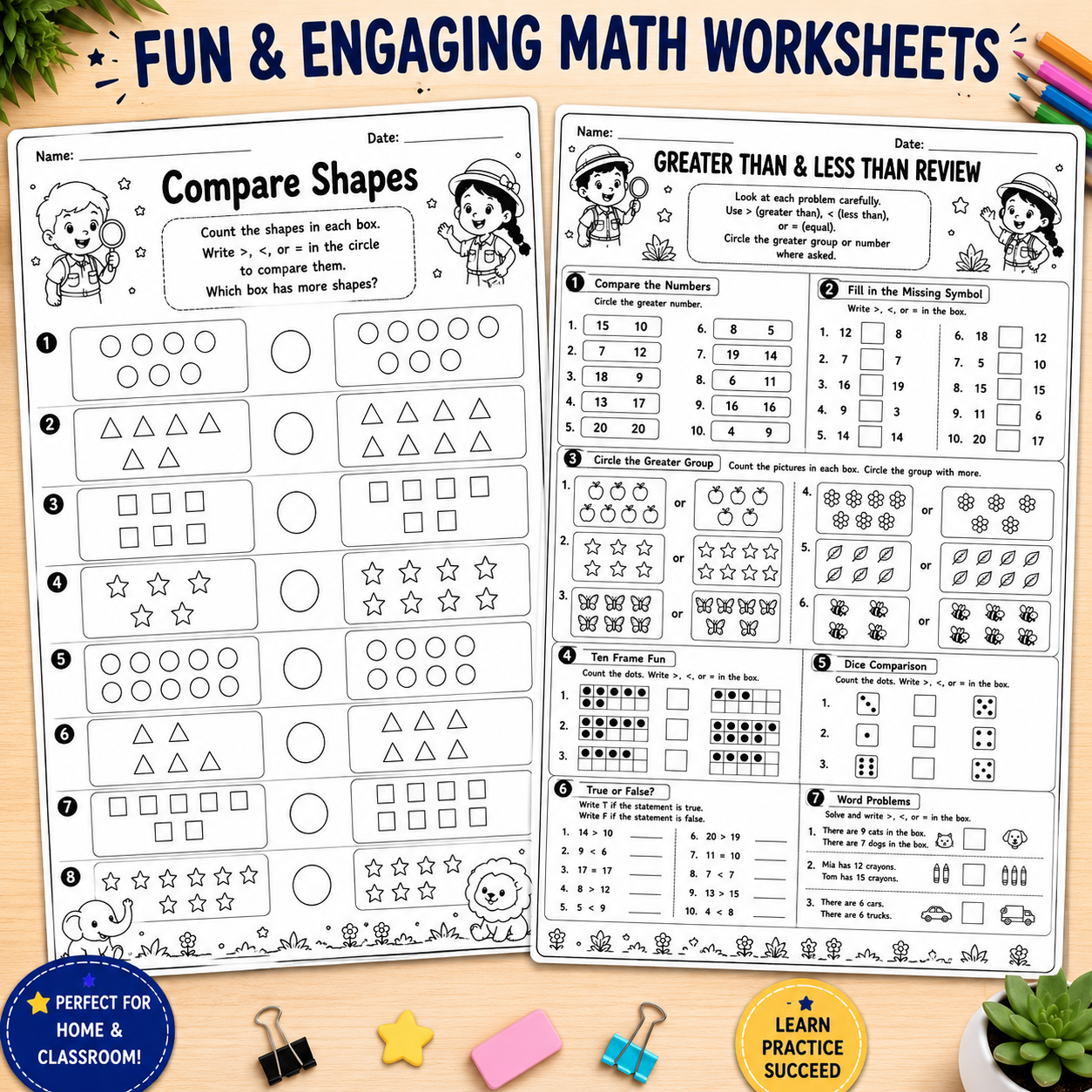 Two printable math worksheet pages shown on a light beige background with decorative classroom props. The left page is titled 'Compare Shapes' and the right page is titled 'Greater Than & Less Than Review'.