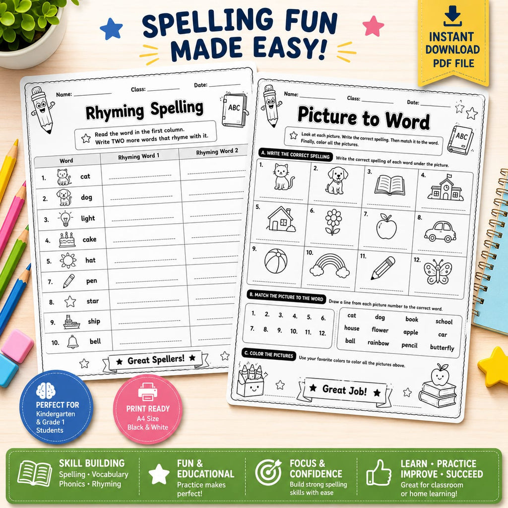 A digital printable spelling and picture-to-word worksheet set shown on a light wood background with colorful pencils, a plant, and decorative stars. The sheets include sections for rhyming spelling, a picture-to-word activity, and a word-matching section, with promotional badges and an 'Instant Download PDF File' banner.