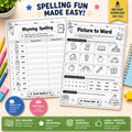 A digital printable spelling and picture-to-word worksheet set shown on a light wood background with colorful pencils, a plant, and decorative stars. The sheets include sections for rhyming spelling, a picture-to-word activity, and a word-matching section, with promotional badges and an 'Instant Download PDF File' banner.