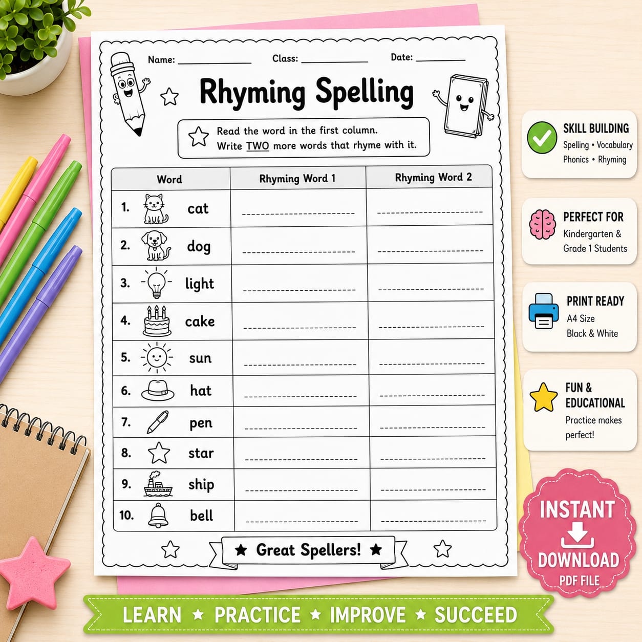 A printable rhyming spelling worksheet sheet shown on a light wood desk with colorful pens, a notebook, and decorative elements. The sheet includes columns for Word, Rhyming Word 1, and Rhyming Word 2, with sample words like cat, dog, light, cake, sun, hat, pen, star, ship, and bell.