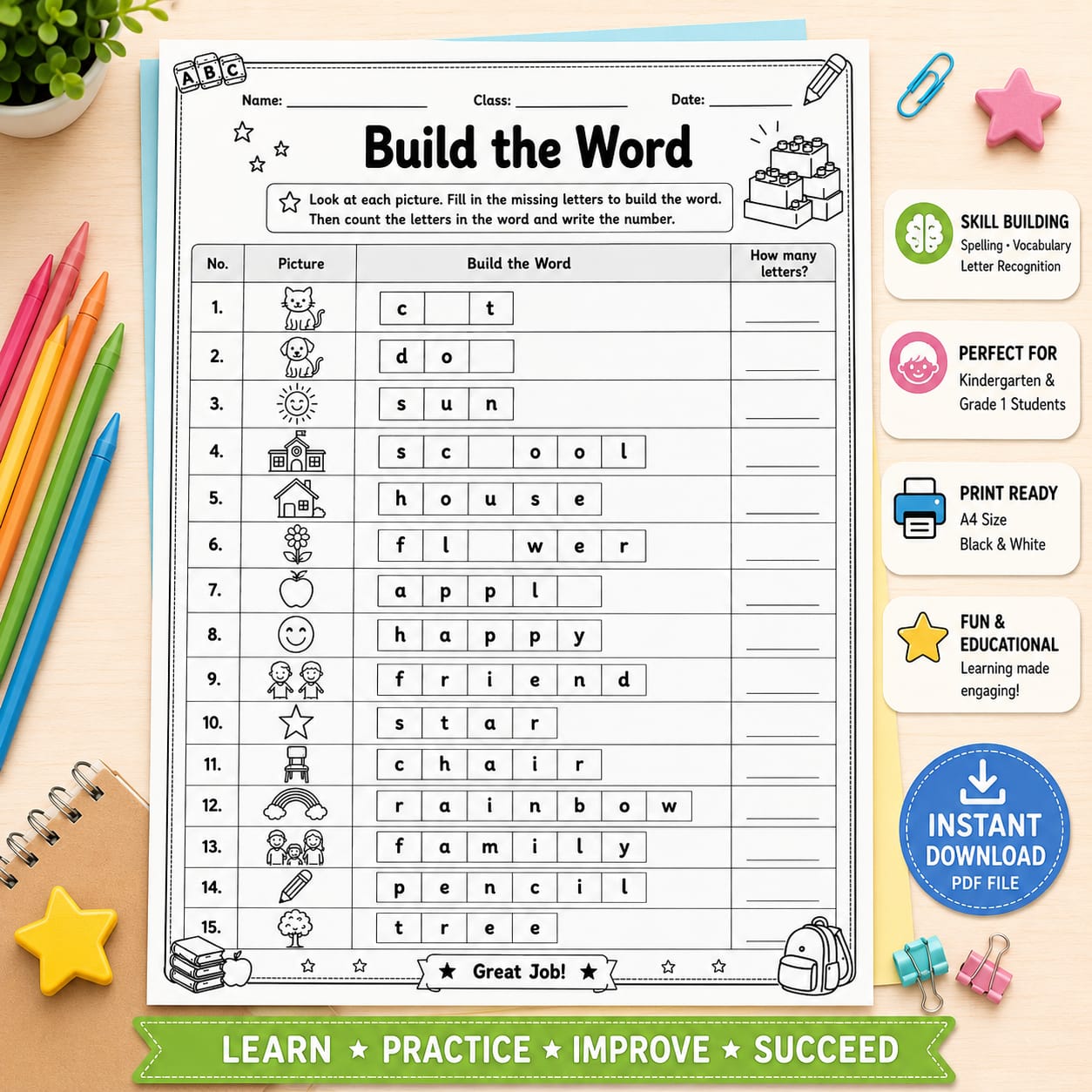 A printable educational worksheet titled 'Build the Word' shown on a light beige desk-style background with colorful pencils, a notebook, stars, and a vertical feature list on the right. The worksheet contains numbered word-building images and blank letter boxes.