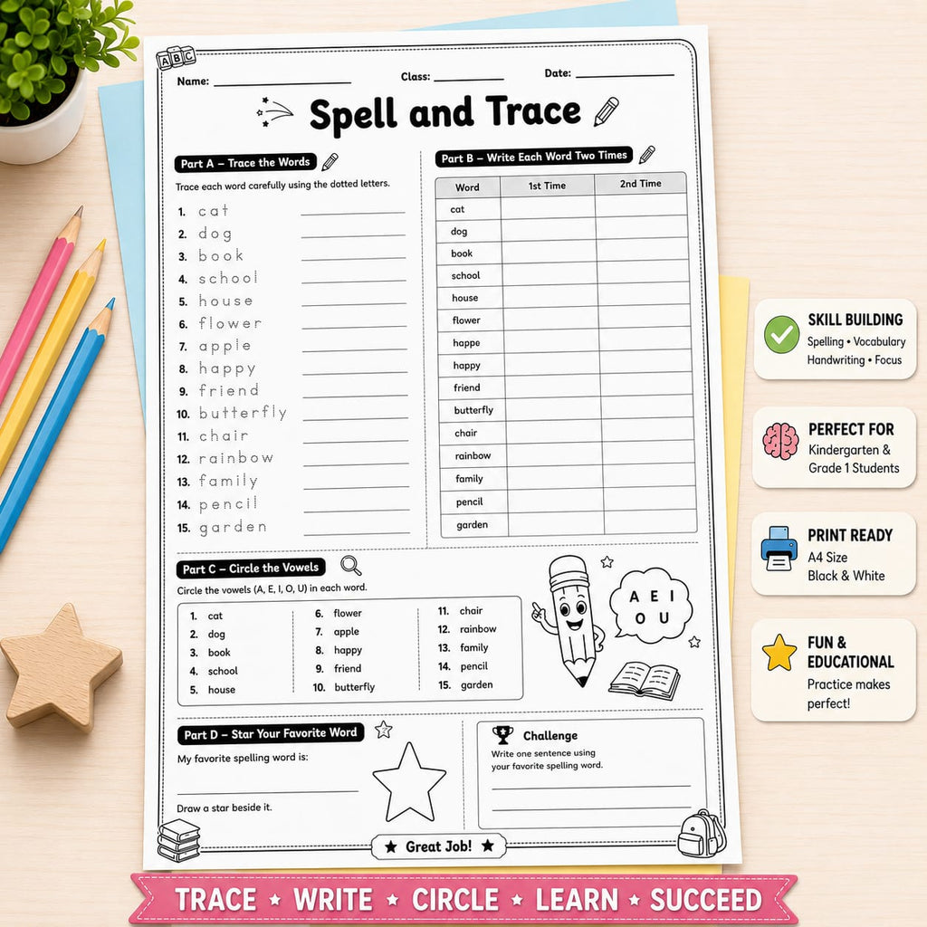 A printed 'Spell and Trace' worksheet sheet shown on a light wood desk with colored pencils, a plant, and a star-shaped decor piece. The sheet includes text sections, tracing and writing lines, and cartoon illustrations.