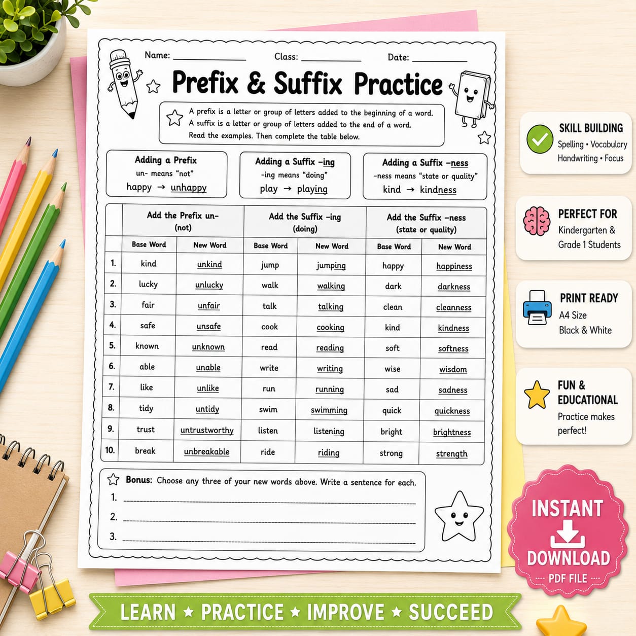 A printable educational worksheet titled 'Prefix & Suffix Practice' shown on a light wood background with colorful pencils, a notebook, and promotional badges on the right. The worksheet contains a table for practicing adding prefixes and suffixes to base words.