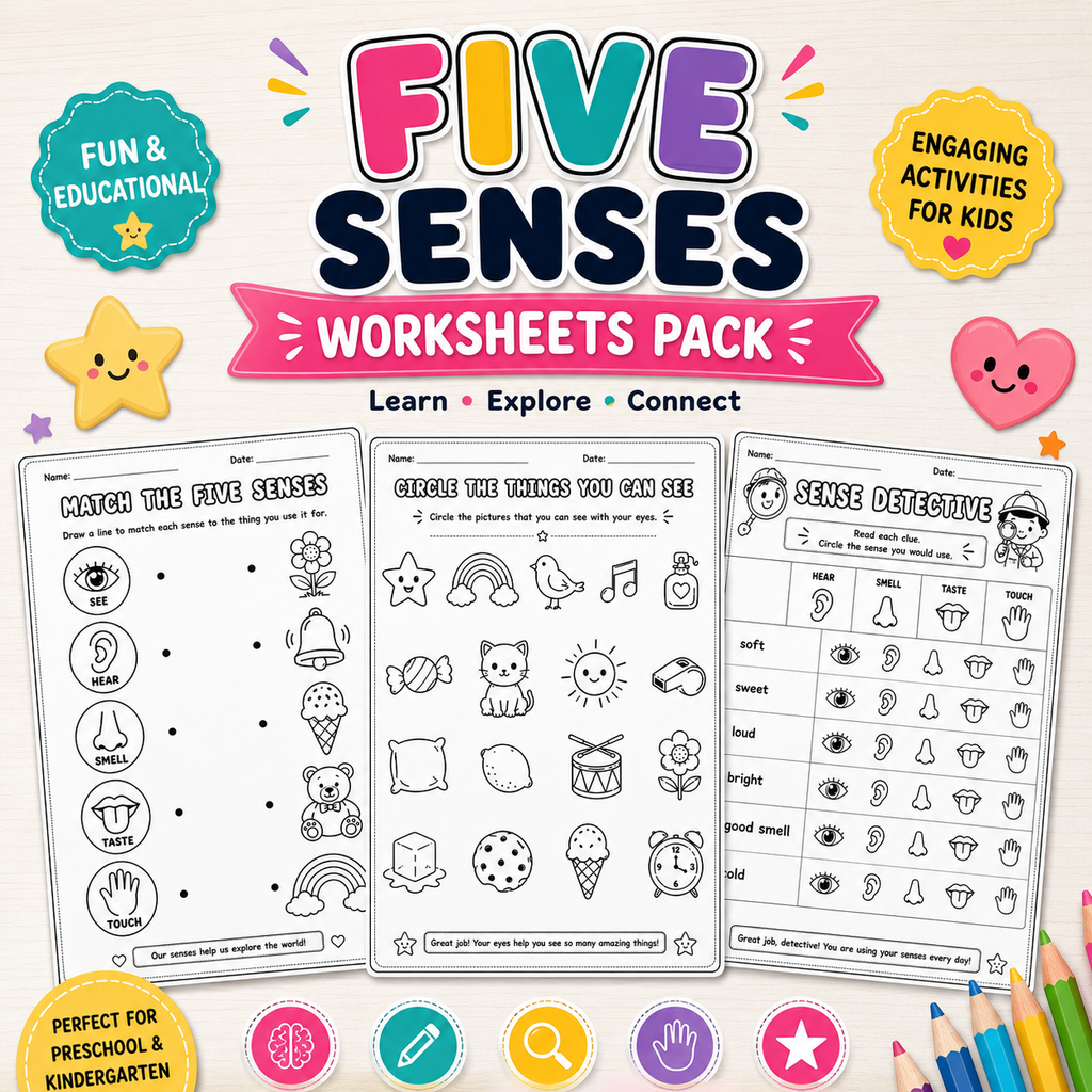 Five Senses Worksheets for Kids | Printable PDF Activity Bundle