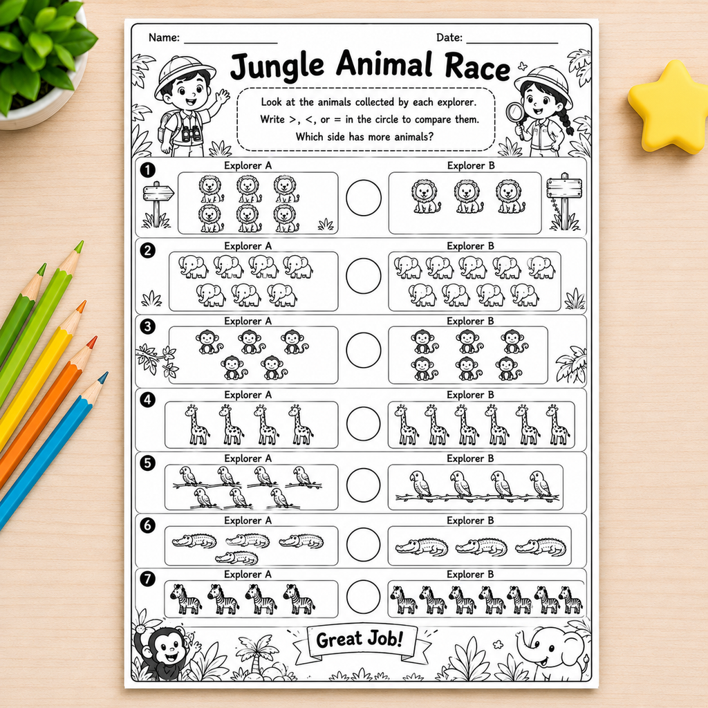 A black and white printable worksheet titled 'Jungle Animal Race' laid flat on a light wood surface, surrounded by colored pencils on the left, a green plant leaf at the top left, and a yellow star at the top right.