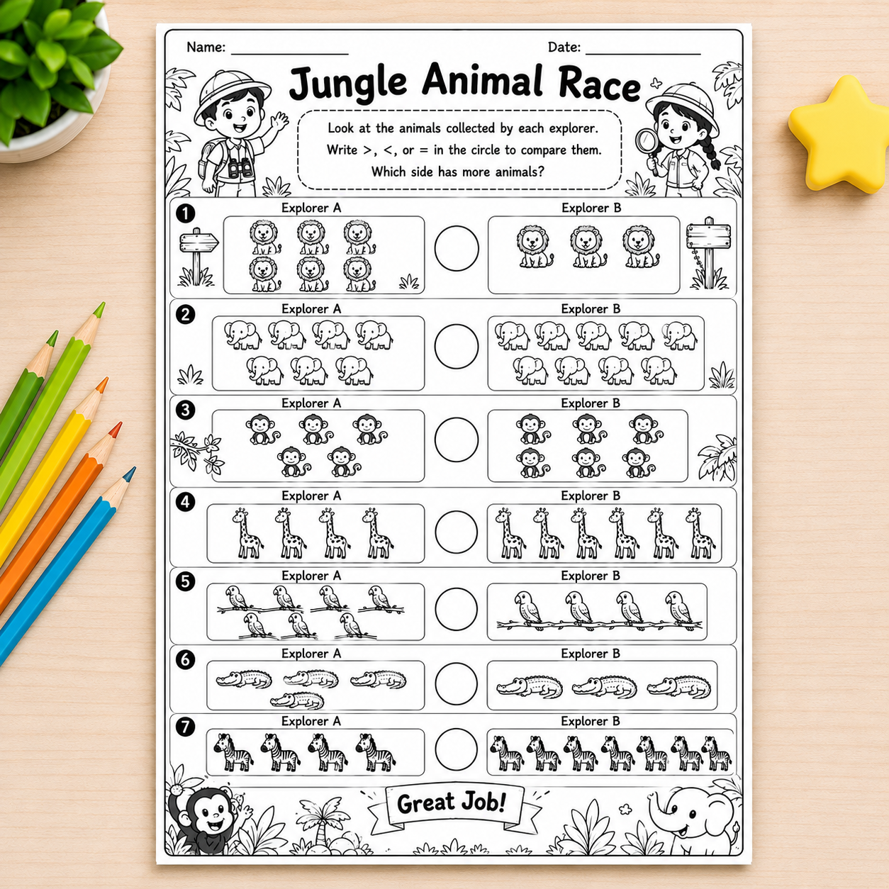 A black and white printable worksheet titled 'Jungle Animal Race' laid flat on a light wood surface, surrounded by colored pencils on the left, a green plant leaf at the top left, and a yellow star at the top right.