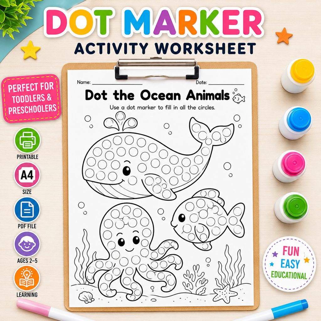 Dot marker activity worksheet featuring an underwater theme with a whale, fish, and octopus, shown on a clipboard with colorful paint bottles and printed product badges.