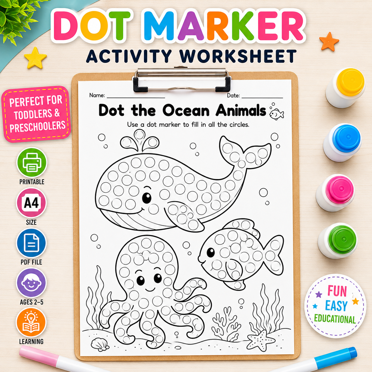 Dot marker activity worksheet featuring an underwater theme with a whale, fish, and octopus, shown on a clipboard with colorful paint bottles and printed product badges.