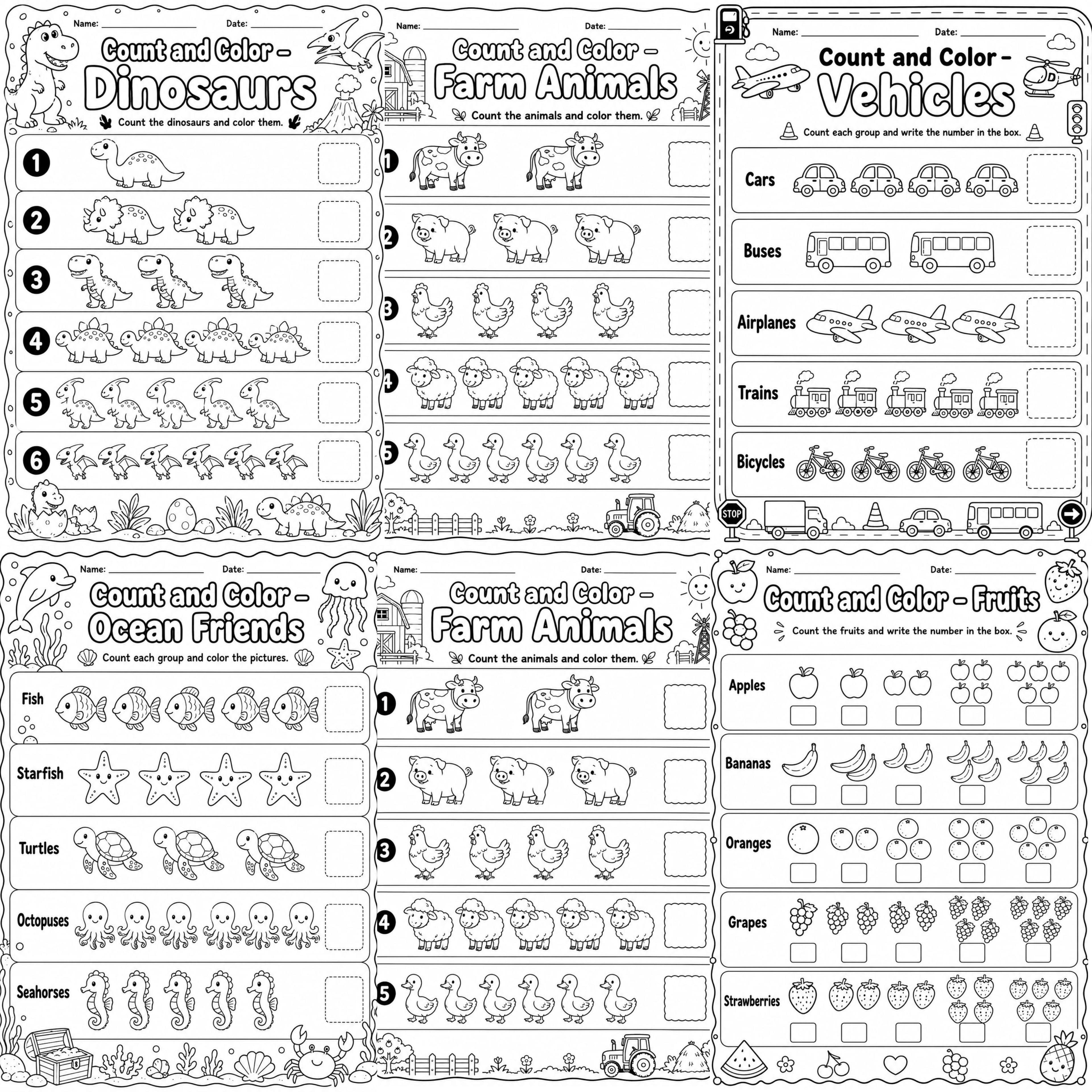 Count & Color – Kids Math Activity Sheets (Ages 3–6)