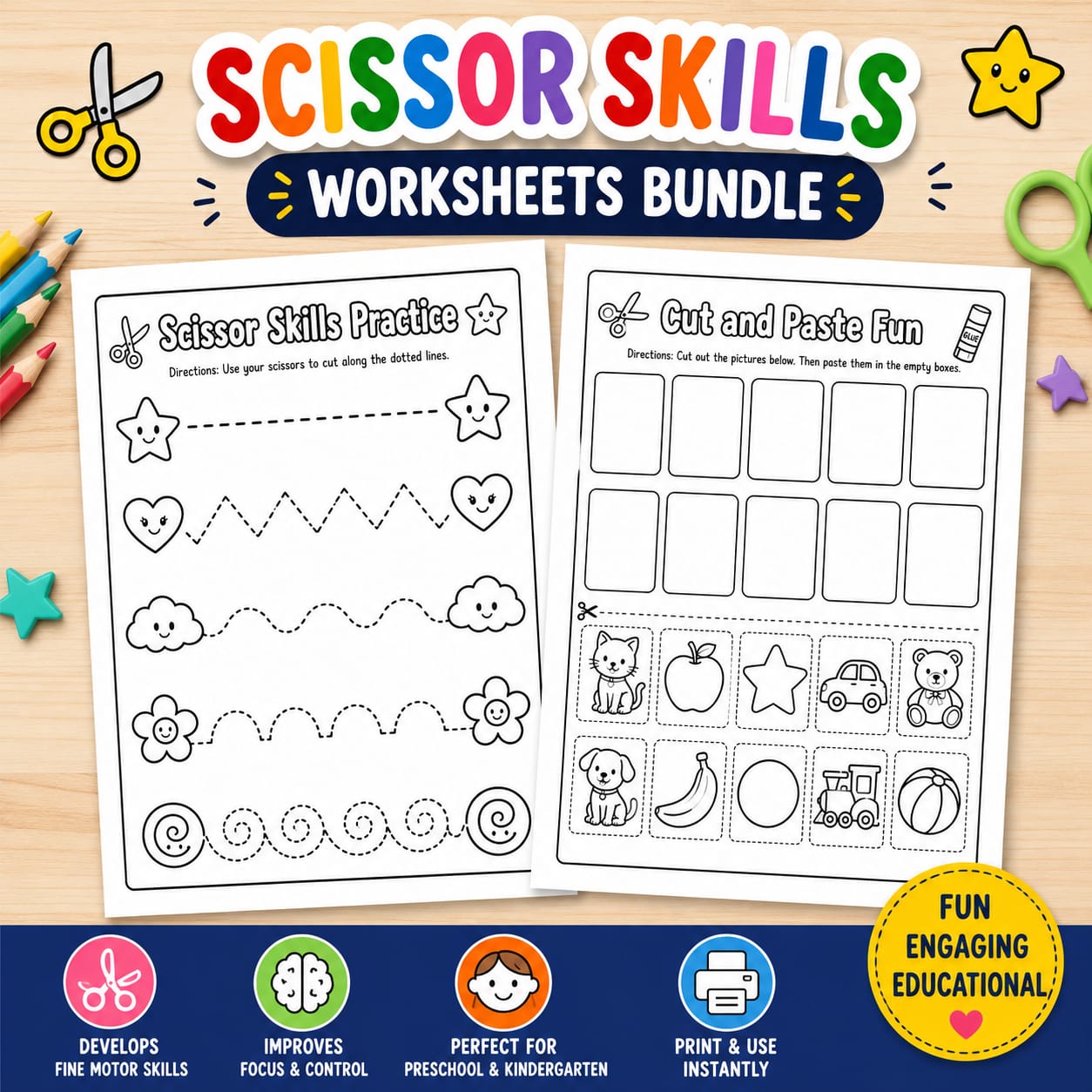 Scissor Skills Worksheets Bundle for Preschool & Kindergarten