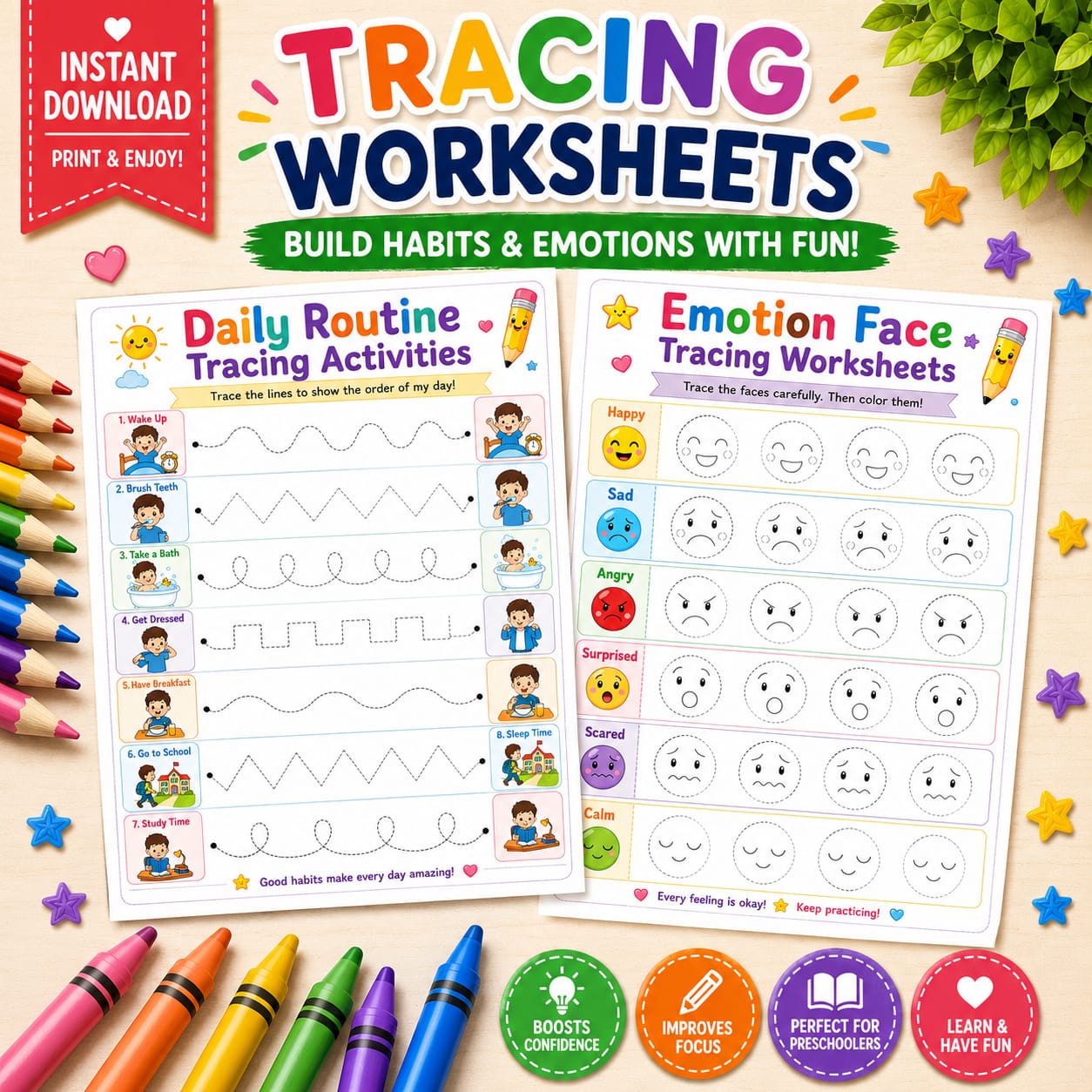 Preschool Tracing Worksheets Bundle | Sight Words, Emotions & Fine Motor Skills Printable