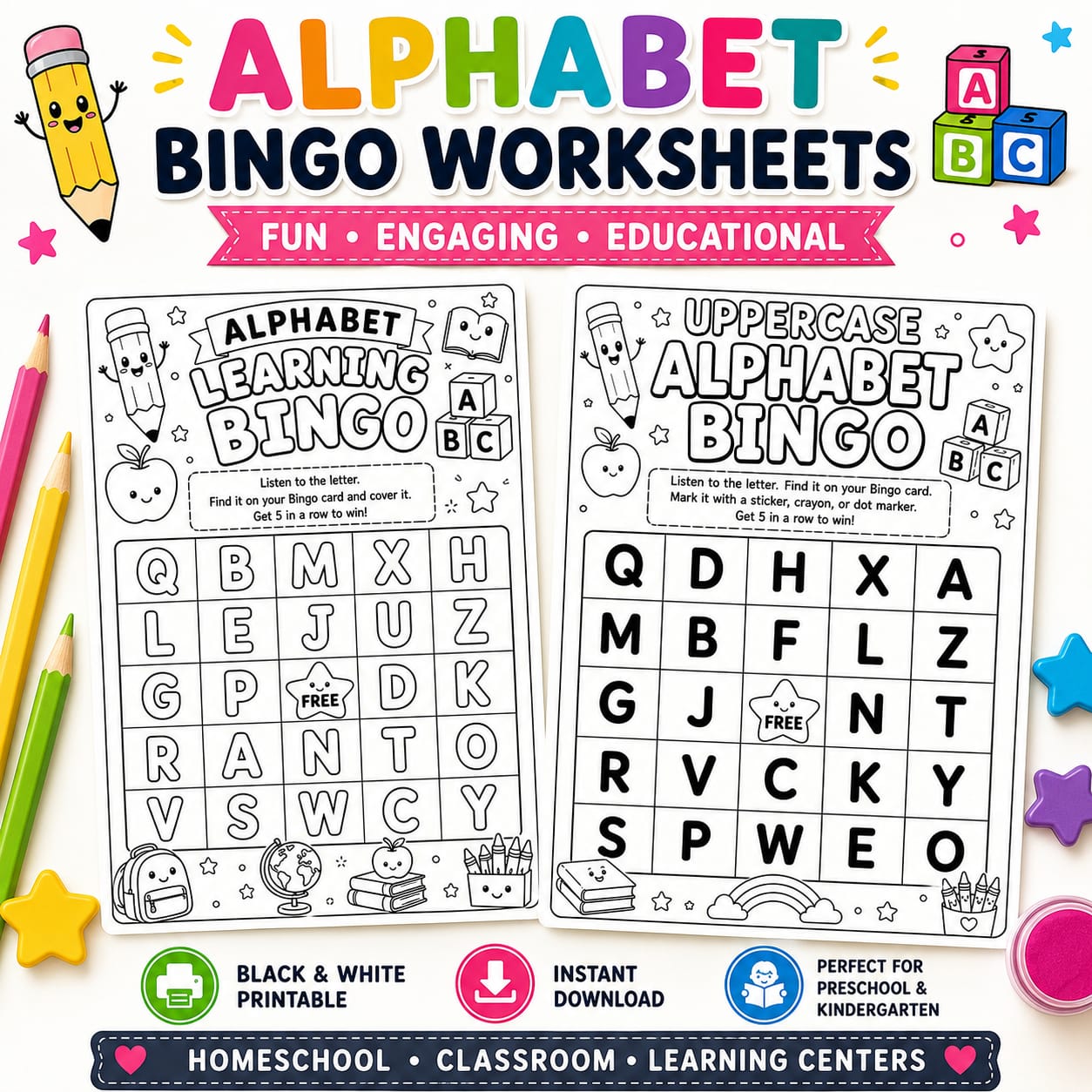 Alphabet Bingo Worksheets for Kids | Letter Recognition Printable PDF