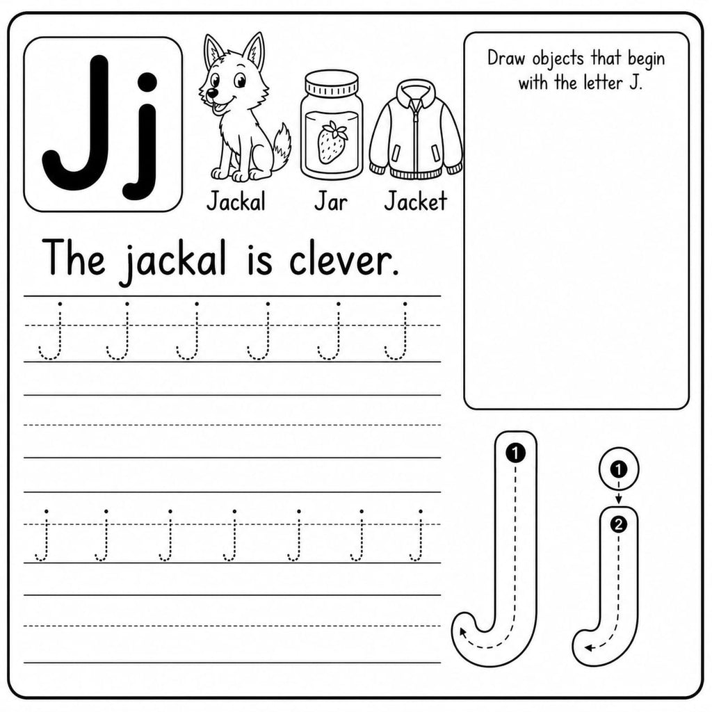 Letter Writing Worksheet - Letter J with tracing, sentence writing and draw activity