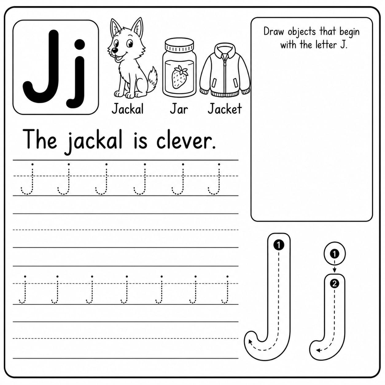 Letter Writing Worksheet - Letter J with tracing, sentence writing and draw activity