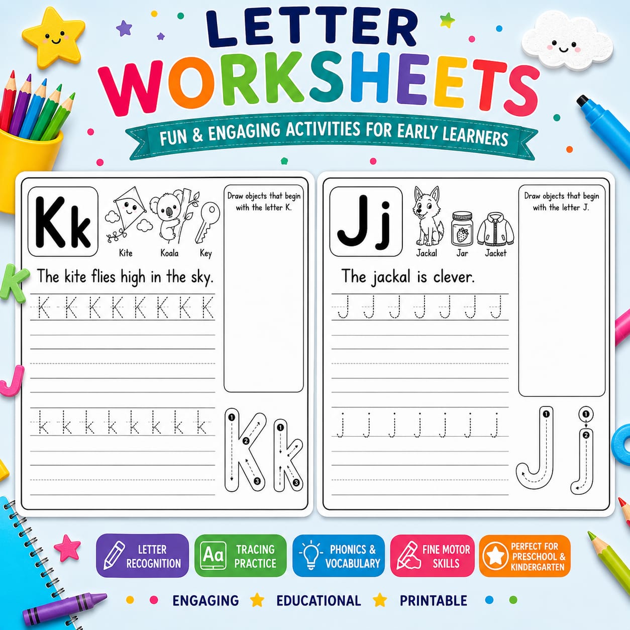 Letter Writing Worksheets - Letter K and J tracing, sentence writing and phonics