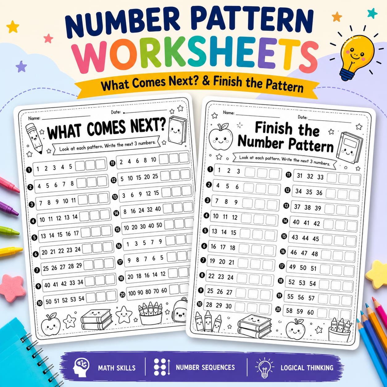 Number Pattern Worksheets - What Comes Next and Finish the Pattern