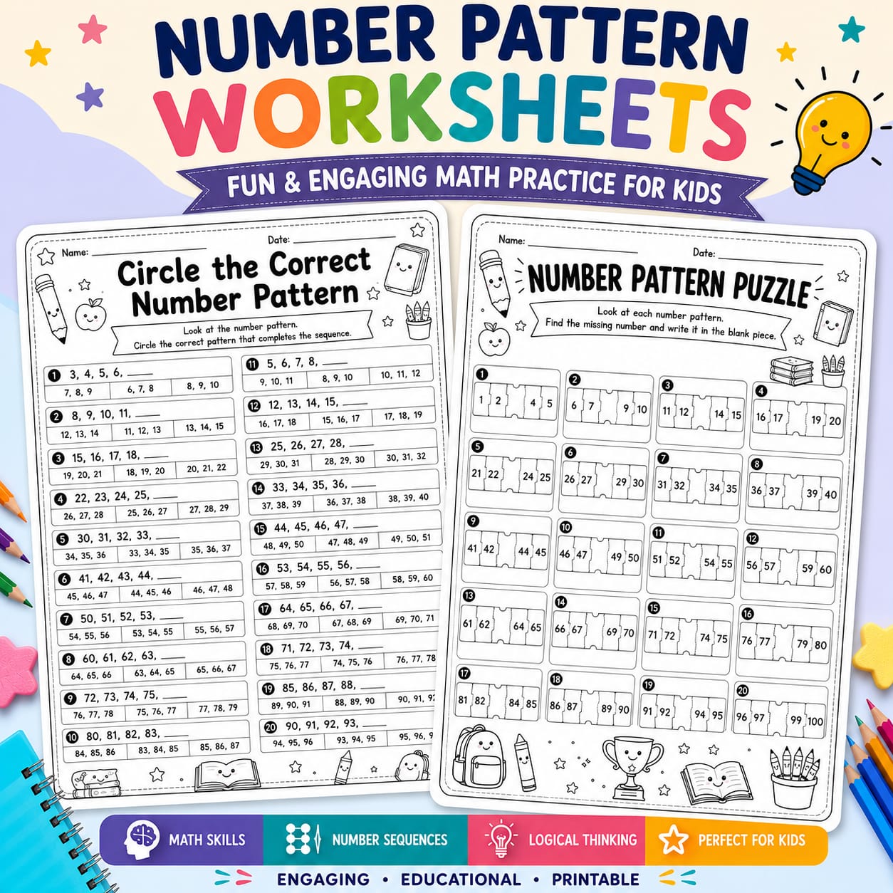 Number Pattern Worksheets for Kids – Printable Math Activity Sheets