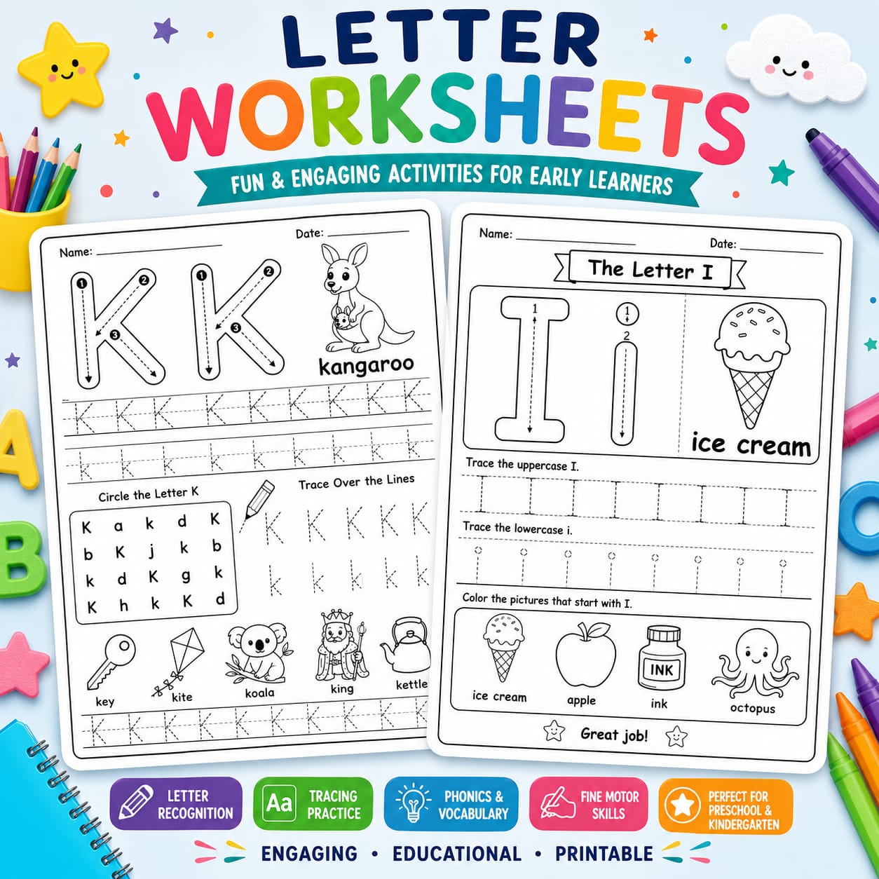 Letter Worksheets - Letter K and Letter I tracing and phonics activities