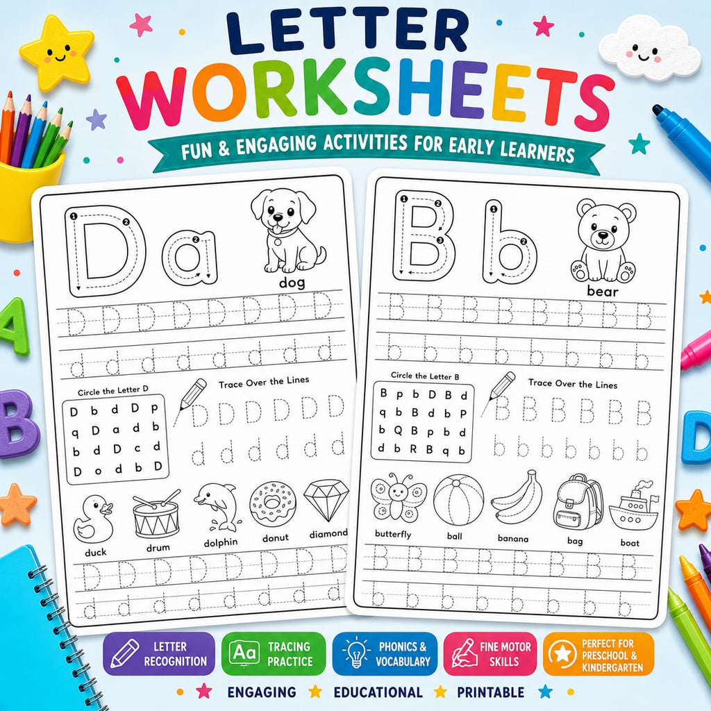 Letter Worksheets for Kids – Tracing, Phonics & Letter Recognition (A-Z) Printable