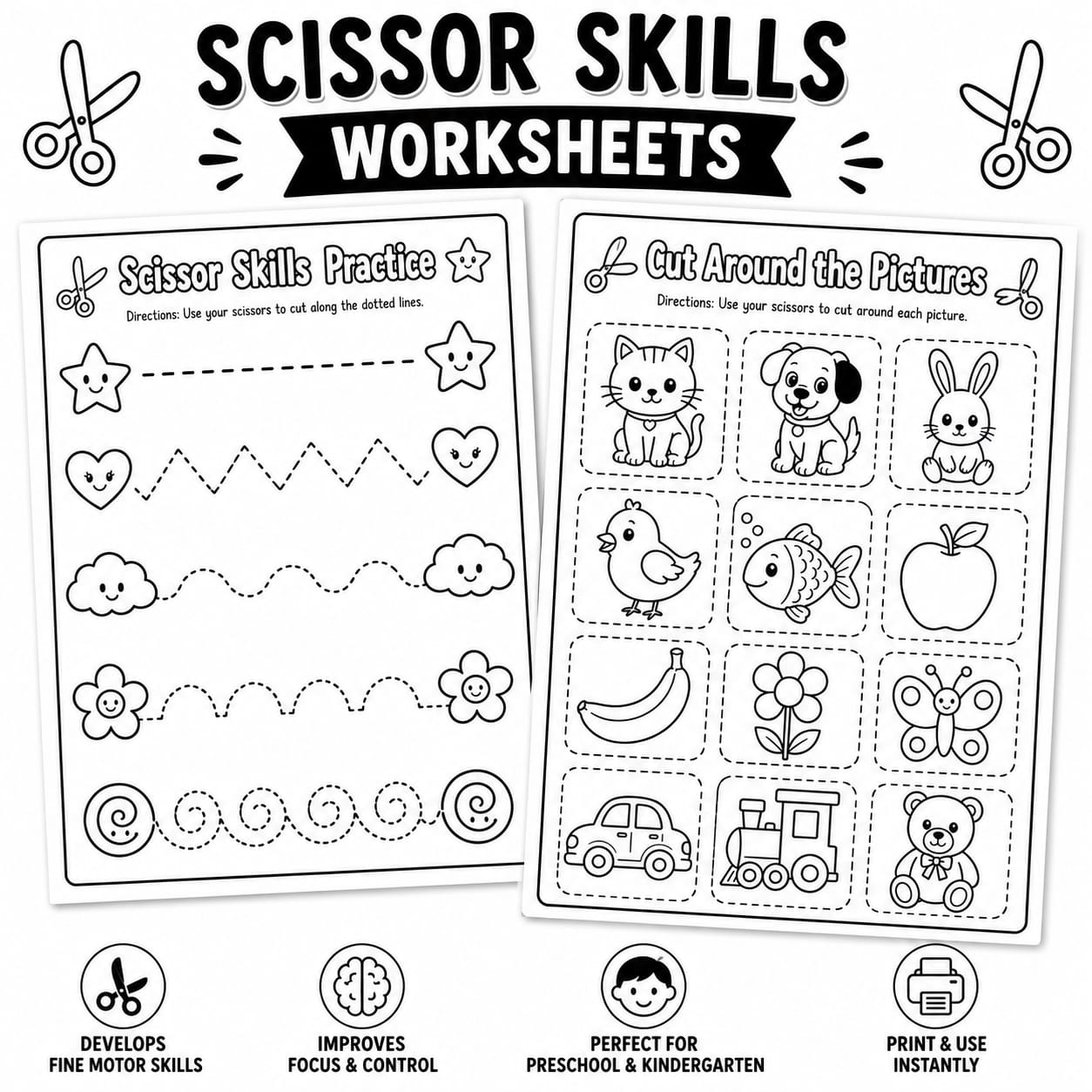 Scissor Skills Worksheets Bundle for Preschool & Kindergarten