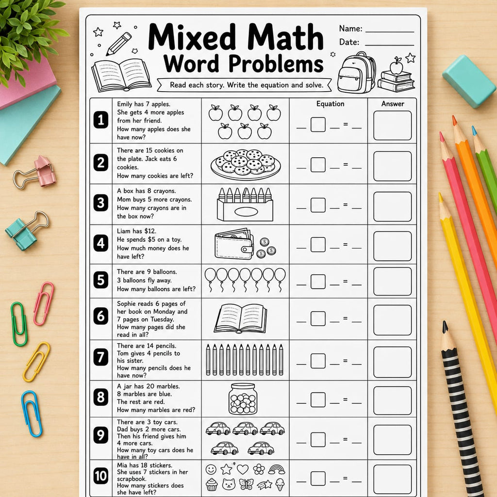 Mixed Math Word Problems Worksheets for Kids | Printable PDF