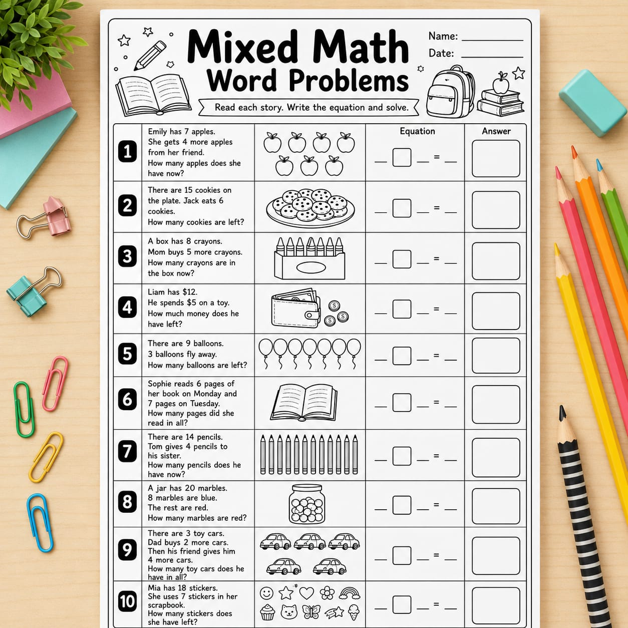 Mixed Math Word Problems Worksheets for Kids | Printable PDF
