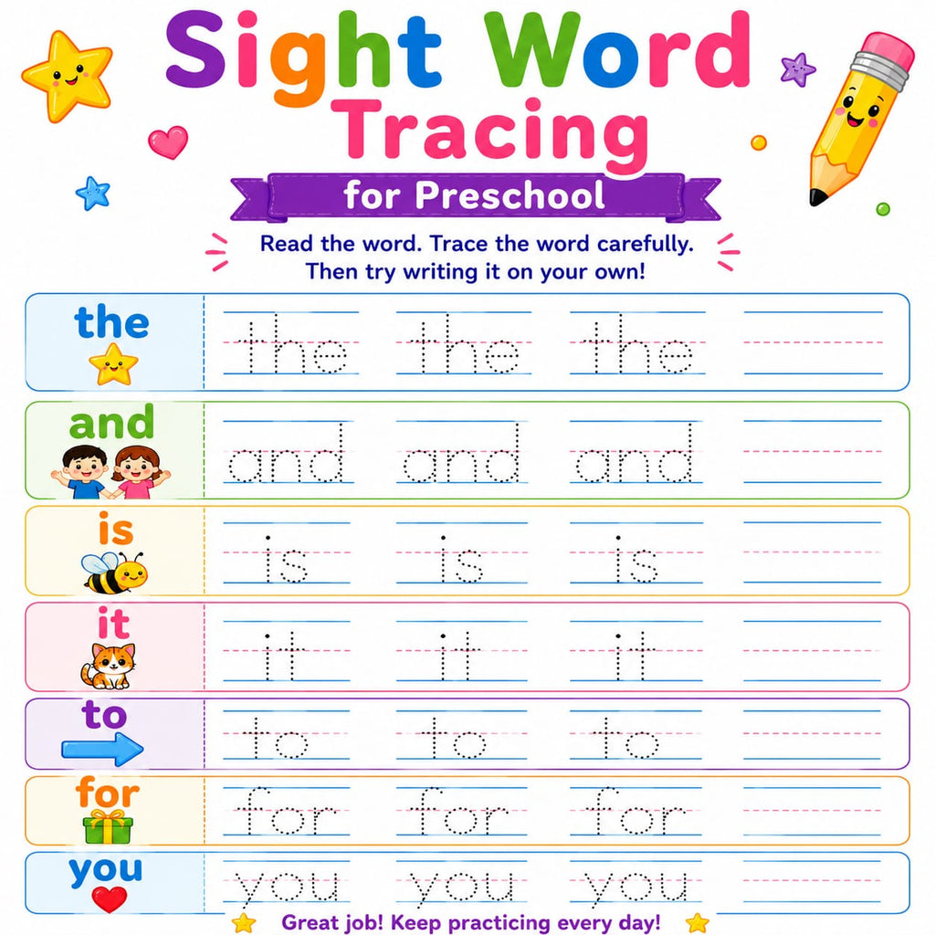 Preschool Tracing Worksheets Bundle | Sight Words, Emotions & Fine Motor Skills Printable